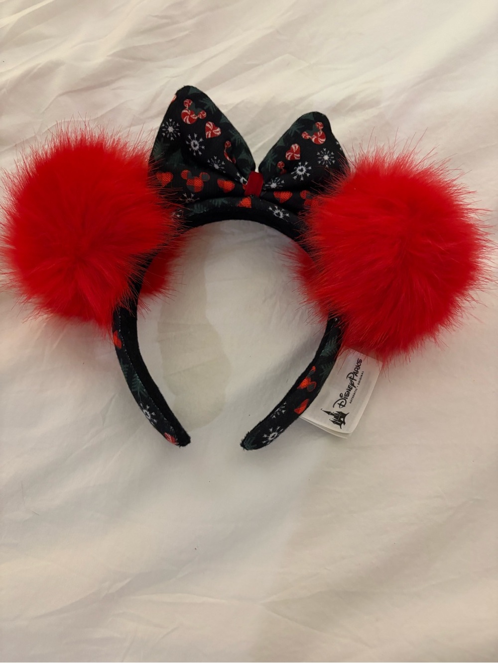 Disney Red Pom Minnie Ear Headband with Black Bow